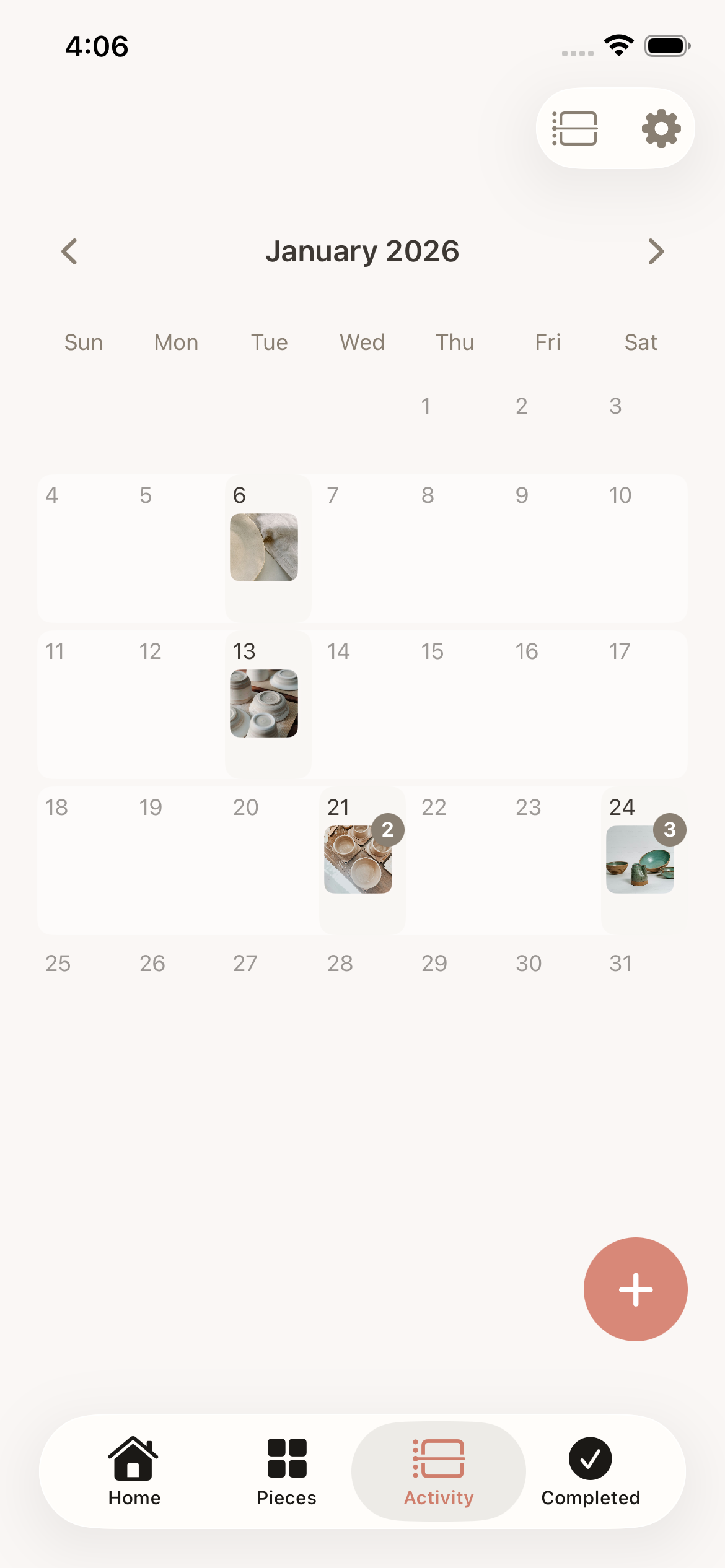 Activity month calendar showing daily piece thumbnails and counts