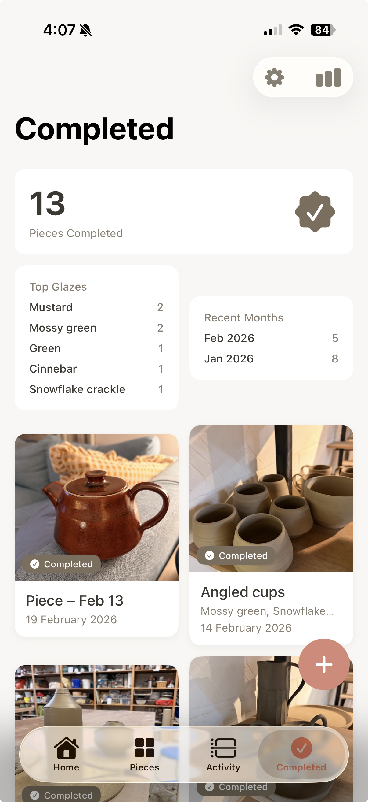 Completed tab with glaze stats and finished-piece archive grid
