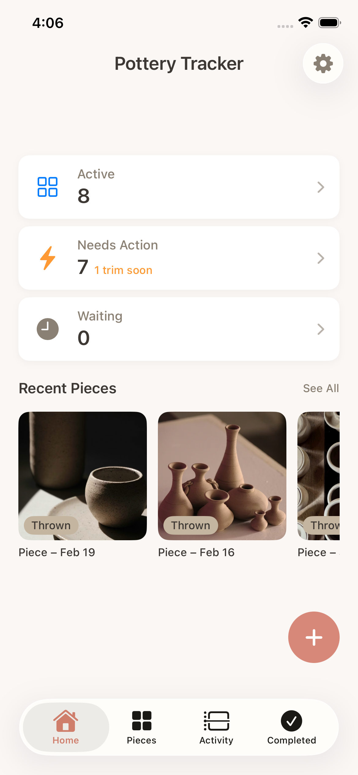 Home dashboard with active pieces, needs action, and recent pieces