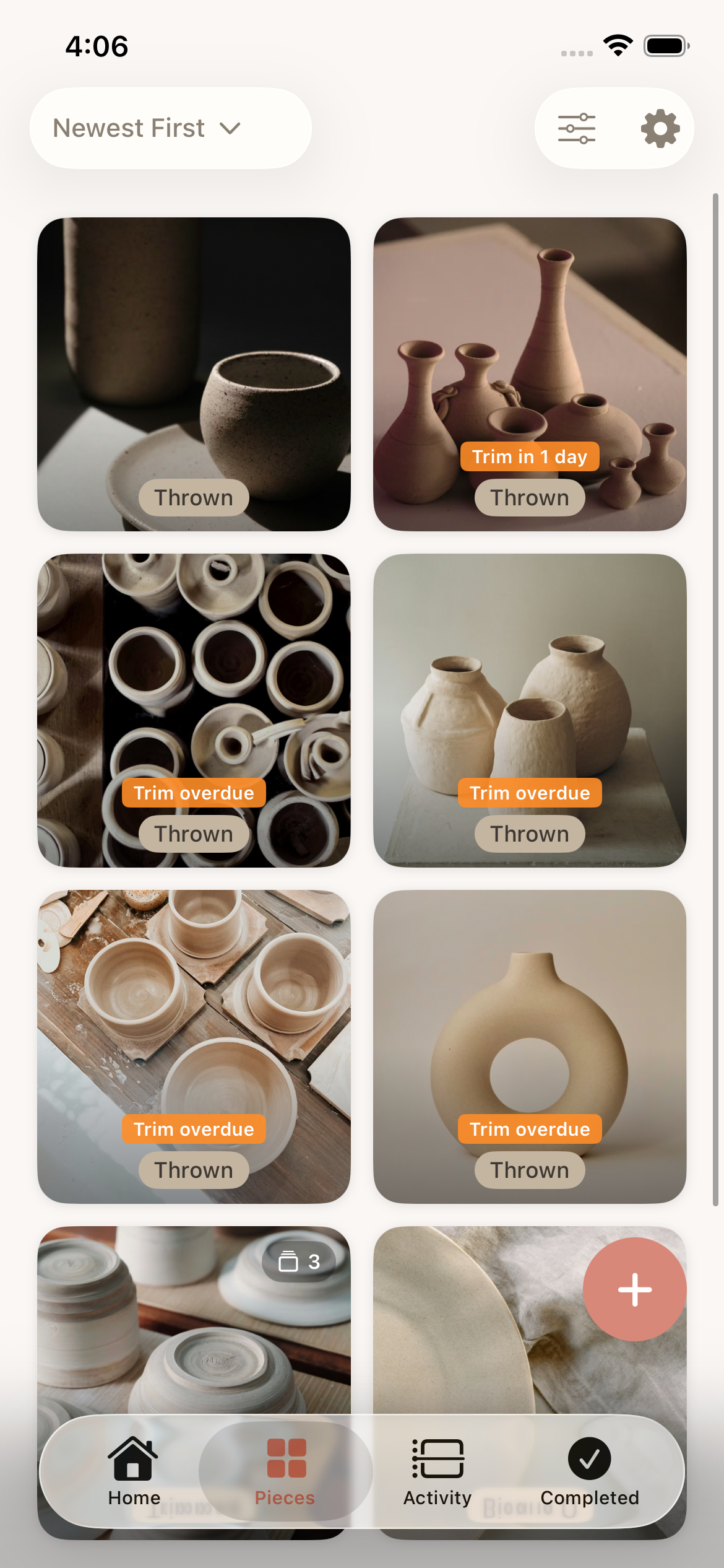 Pieces gallery with sort controls, trim urgency labels, and status badges